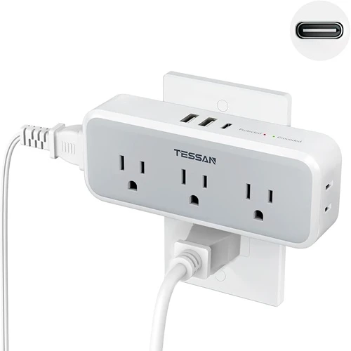 TESSAN Multi Plug Outlet Extender, USB C Wall Charger, Surge Protector, Grey