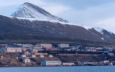 Aerial view of the the Port of Barentsburg, Norway