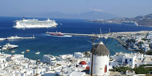 Aerial view of the the Port of Mykonos, Greece