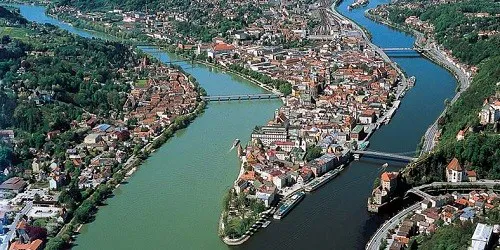 Aerial view of the the Port of Passau, Germany