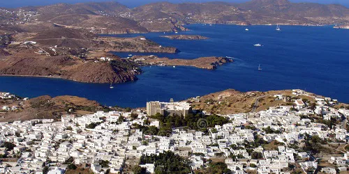 Aerial view of the the Port of Patmos, Greece