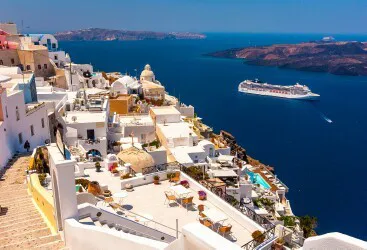 Aerial view of the the Port of Santorini (Thira), Greece