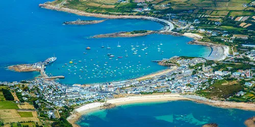 Aerial view of the the Port of St. Mary's (Hugh Town), Isles of Scilly, England