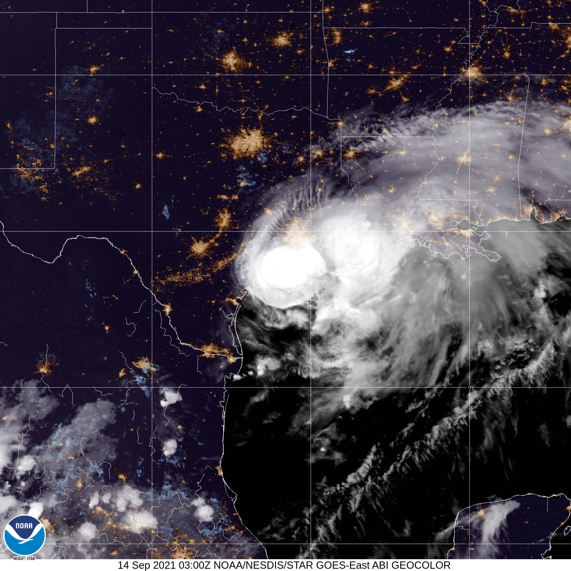 Category 1 Hurricane Nicholas (2021) Peak Intensity Satellite Image