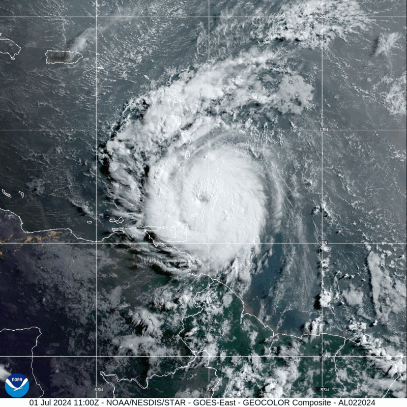 Category 5 Hurricane Beryl (2024) Landfall Satellite Image Animation