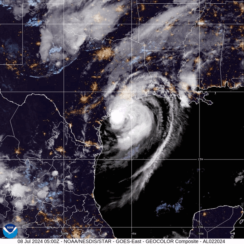 Category 5 Hurricane Beryl (2024) Landfall Satellite Image Animation