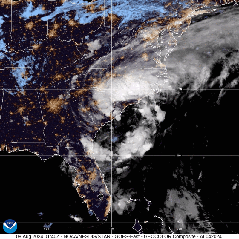 Category 1 Hurricane Debby (2024) Landfall Satellite Image Animation