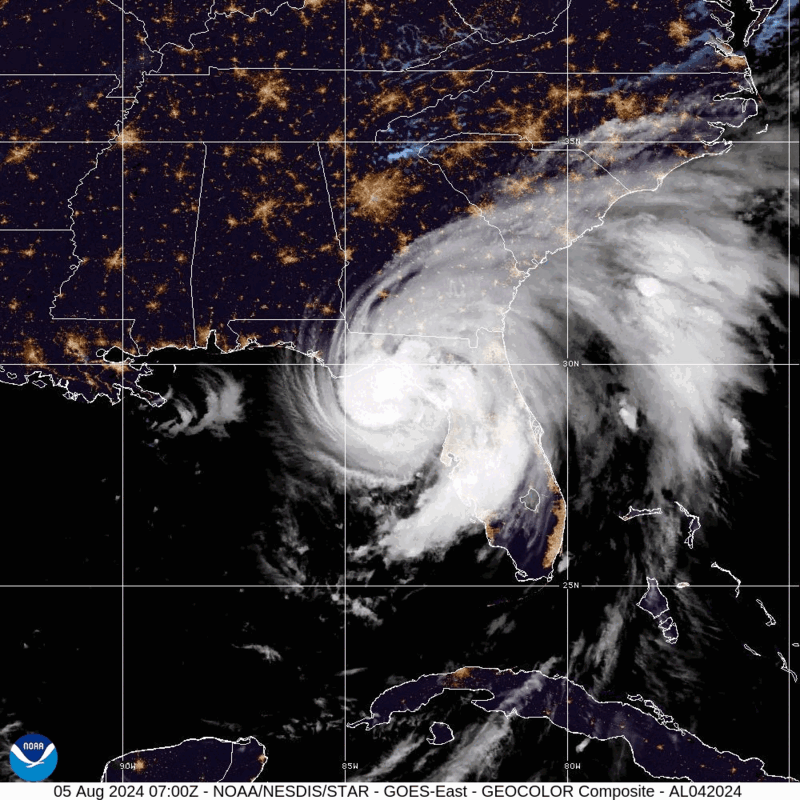 Category 1 Hurricane Debby (2024) Landfall Satellite Image Animation