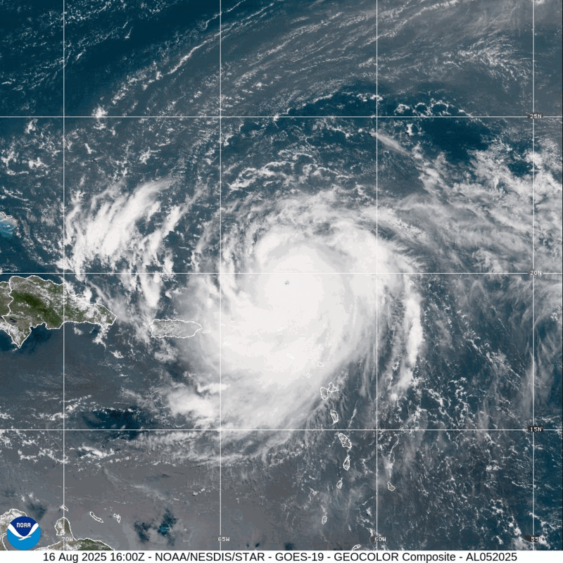 Category 5 Hurricane Erin (2025) Peak Intensity Satellite Image Animation