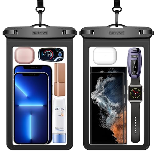 newppon Large Waterproof Phone & Watch Pouch : 2 Pack Underwater Clear Cellphone Holder - Universal Water-Resistant Dry Bag Case with Neck Lanyard for iPhone Samsung Galaxy for Beach Swimming Pool
